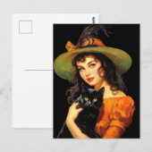 Glamoureuze Heks | Oude Halloween Pin-up Kunst Briefkaart (Voorkant / Achterkant)