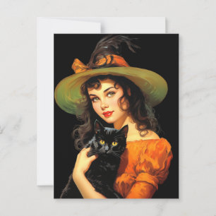 Glamoureuze Heks   Oude Halloween Pin-up Kunst Briefkaart