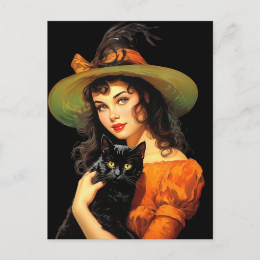 Glamoureuze Heks | Oude Halloween Pin-up Kunst Briefkaart (Voorkant)