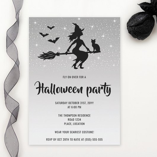 Glamoureuze heks zilver en zwart Halloween Party Kaart