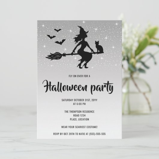Glamoureuze heks zilver en zwart Halloween Party Kaart (Staand voorkant)