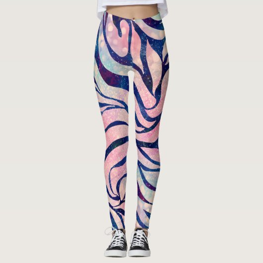 Glamoureuze Holografische Glitter Blauwe Zebra Str Leggings (Voorkant)