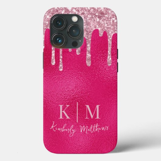 Glamoureuze Hot Pink Glitter Monogram Initialen Case-Mate iPhone Case (Achterkant)