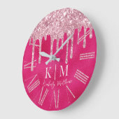 Glamoureuze Hot Pink Glitter Monogram Initialen Grote Klok (Hoek)