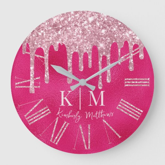 Glamoureuze Hot Pink Glitter Monogram Initialen Grote Klok (Voorkant)