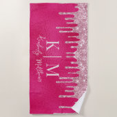 Glamoureuze Hot Pink Glitter Monogram Initialen Strandlaken (Voorkant)