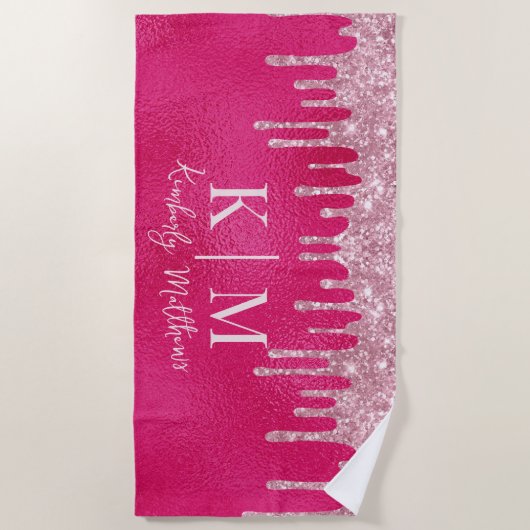 Glamoureuze Hot Pink Glitter Monogram Initialen Strandlaken (Voorkant)