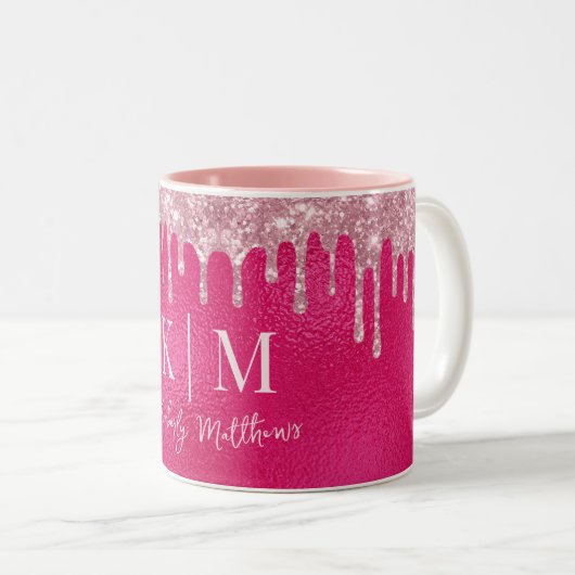 Glamoureuze Hot Pink Glitter Monogram Initialen Tweekleurige Koffiemok (Voorkant rechts)