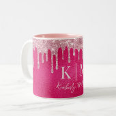 Glamoureuze Hot Pink Glitter Monogram Initialen Tweekleurige Koffiemok (Voorkant links)