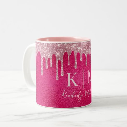 Glamoureuze Hot Pink Glitter Monogram Initialen Tweekleurige Koffiemok (Voorkant links)