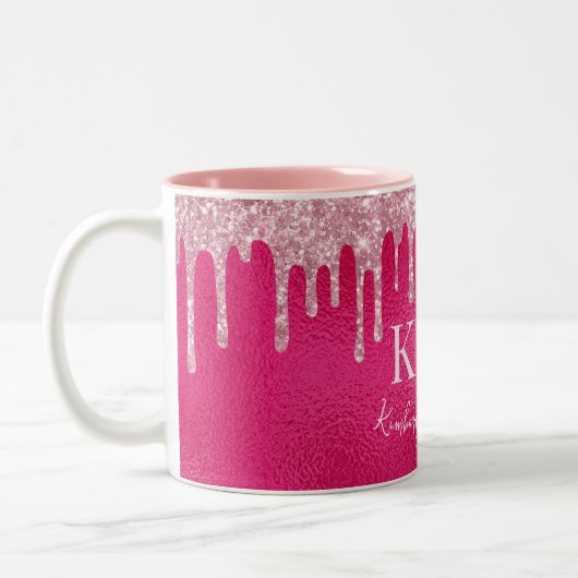 Glamoureuze Hot Pink Glitter Monogram Initialen Tweekleurige Koffiemok (Links)