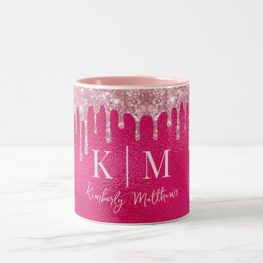 Glamoureuze Hot Pink Glitter Monogram Initialen Tweekleurige Koffiemok (Center)