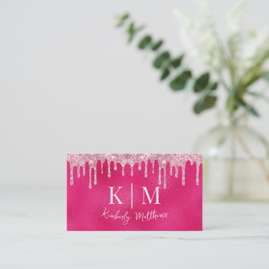 Glamoureuze Hot Pink Glitter Monogram Initialen Visitekaartje (Staand voorkant)