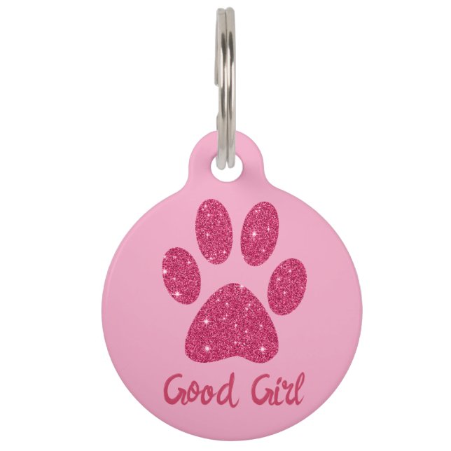 Glamoureuze Hot Pink Glitter Paw Dog Naam Huisdierpenning (Voorkant)