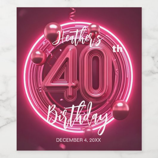 Glamoureuze Hot Pink Neon Glow 40e verjaardag Wijn Etiket (Enkel label)