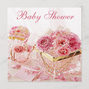 Glamoureuze juwelen, roze bloemen en Baby shower v Kaart