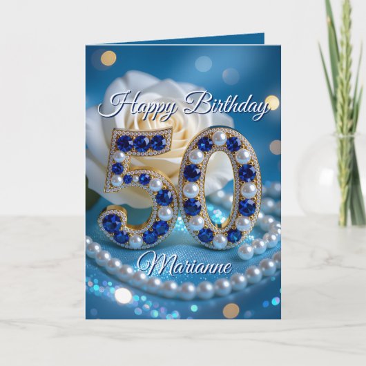 Glamoureuze Navy Blue Pareltjes en Parels 50ste ve Kaart (Voorkant)