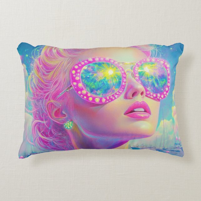 Glamoureuze Neon Vrouw Met Mousserende Brillen Accent Kussen (Voorkant)
