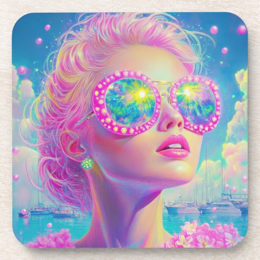 Glamoureuze Neon Vrouw Met Mousserende Brillen Bier Onderzetter (Voorkant)