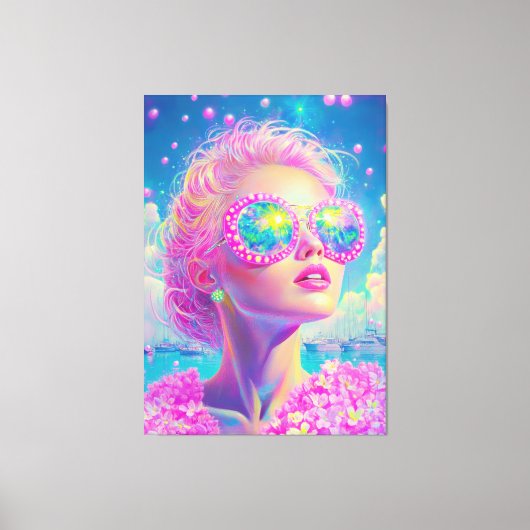 Glamoureuze Neon Vrouw Met Mousserende Brillen Canvas Afdruk (Voorkant)
