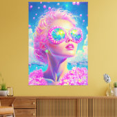 Glamoureuze Neon Vrouw Met Mousserende Brillen Canvas Afdruk (Insitu (Woonkamer))