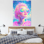 Glamoureuze Neon Vrouw Met Mousserende Brillen Canvas Afdruk (Insitu (Slaapkamer))