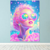 Glamoureuze Neon Vrouw Met Mousserende Brillen Canvas Afdruk (Insitu (Houten vloer))