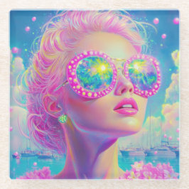 Glamoureuze Neon Vrouw Met Mousserende Brillen Glazen Onderzetter