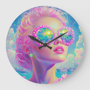Glamoureuze Neon Vrouw Met Mousserende Brillen Grote Klok