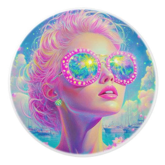 Glamoureuze Neon Vrouw Met Mousserende Brillen Keramische Knop (Voorkant)