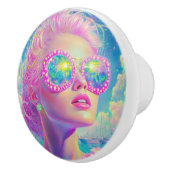 Glamoureuze Neon Vrouw Met Mousserende Brillen Keramische Knop (Rechts)