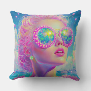 Glamoureuze Neon Vrouw Met Mousserende Brillen Kussen