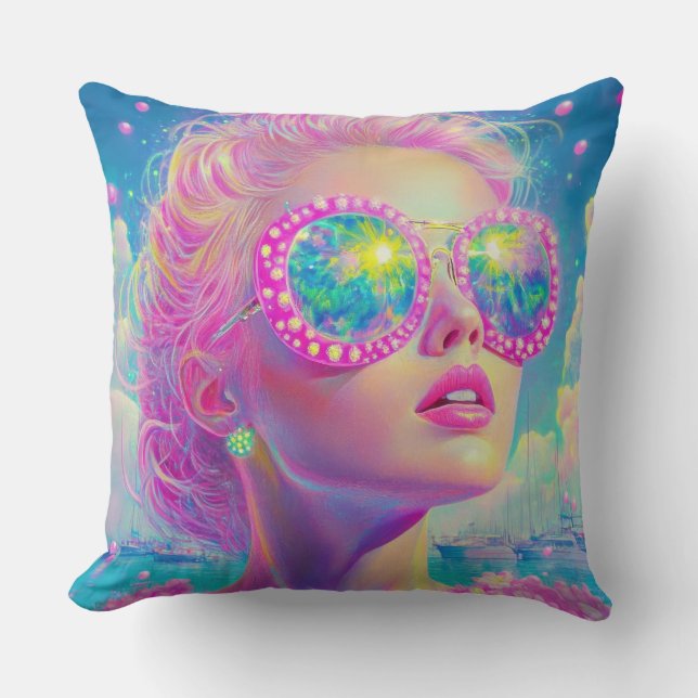 Glamoureuze Neon Vrouw Met Mousserende Brillen Kussen (Voorkant)