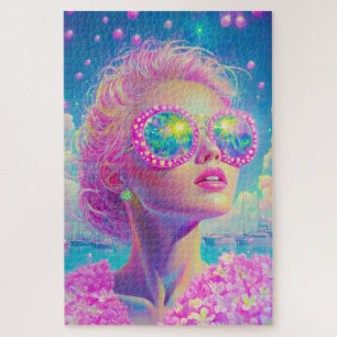 Glamoureuze Neon Vrouw Met Mousserende Brillen Legpuzzel