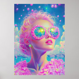 Glamoureuze Neon Vrouw Met Mousserende Brillen Poster