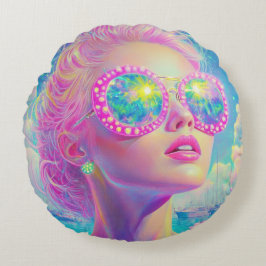 Glamoureuze Neon Vrouw Met Mousserende Brillen Rond Kussen