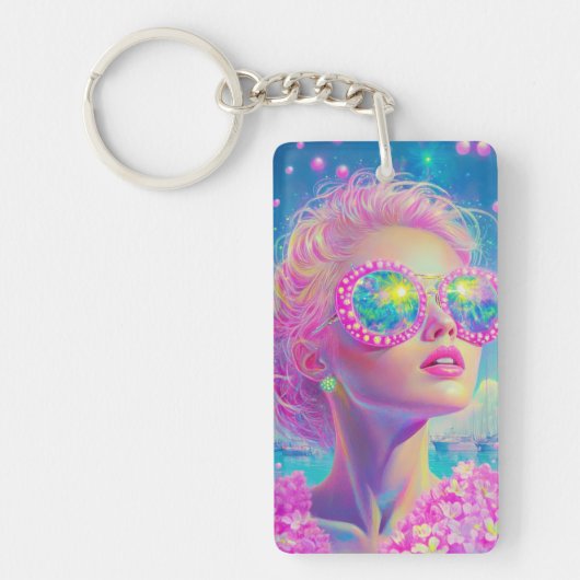 Glamoureuze Neon Vrouw Met Mousserende Brillen Sleutelhanger (Voorkant)