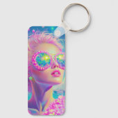 Glamoureuze Neon Vrouw Met Mousserende Brillen Sleutelhanger (Achterkant)