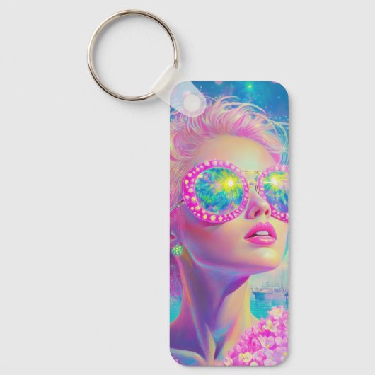 Glamoureuze Neon Vrouw Met Mousserende Brillen Sleutelhanger (Voorkant)