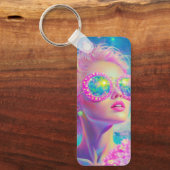 Glamoureuze Neon Vrouw Met Mousserende Brillen Sleutelhanger (Voorkant)