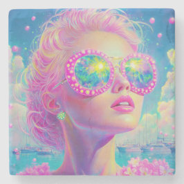 Glamoureuze Neon Vrouw Met Mousserende Brillen Stenen Onderzetter