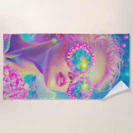 Glamoureuze Neon Vrouw Met Mousserende Brillen Strandlaken