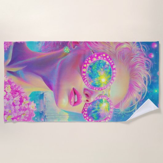 Glamoureuze Neon Vrouw Met Mousserende Brillen Strandlaken (Voorkant)