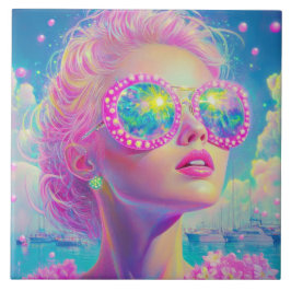 Glamoureuze Neon Vrouw Met Mousserende Brillen Tegeltje