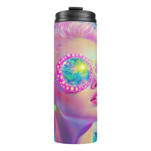 Glamoureuze Neon Vrouw Met Mousserende Brillen Thermosbeker (Voorkant)