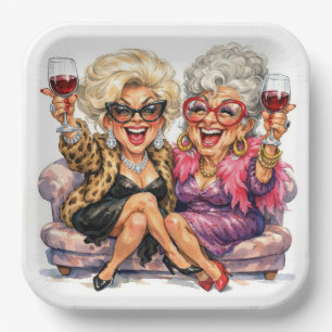 Glamoureuze Oude Dames Met Rode Wijn Papieren Bordje