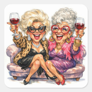 Glamoureuze Oude Dames Met Rode Wijn Vierkante Sticker