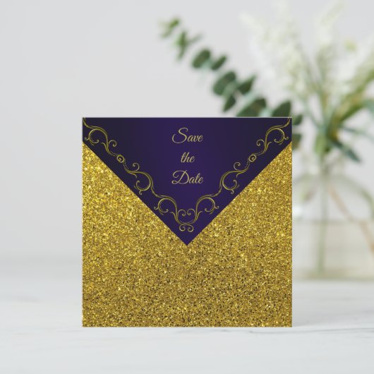 Glamoureuze Paarse en gouden Save The Date (Staand voorkant)