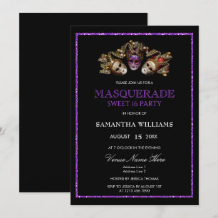 Glamoureuze Paarse Glitters Masquerade Sweet 16 Kaart