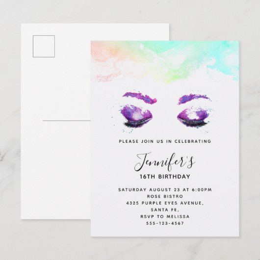 Glamoureuze Paarse ogen en Brows Waterverf Birthda Uitnodiging Briefkaart (Voorkant / Achterkant)